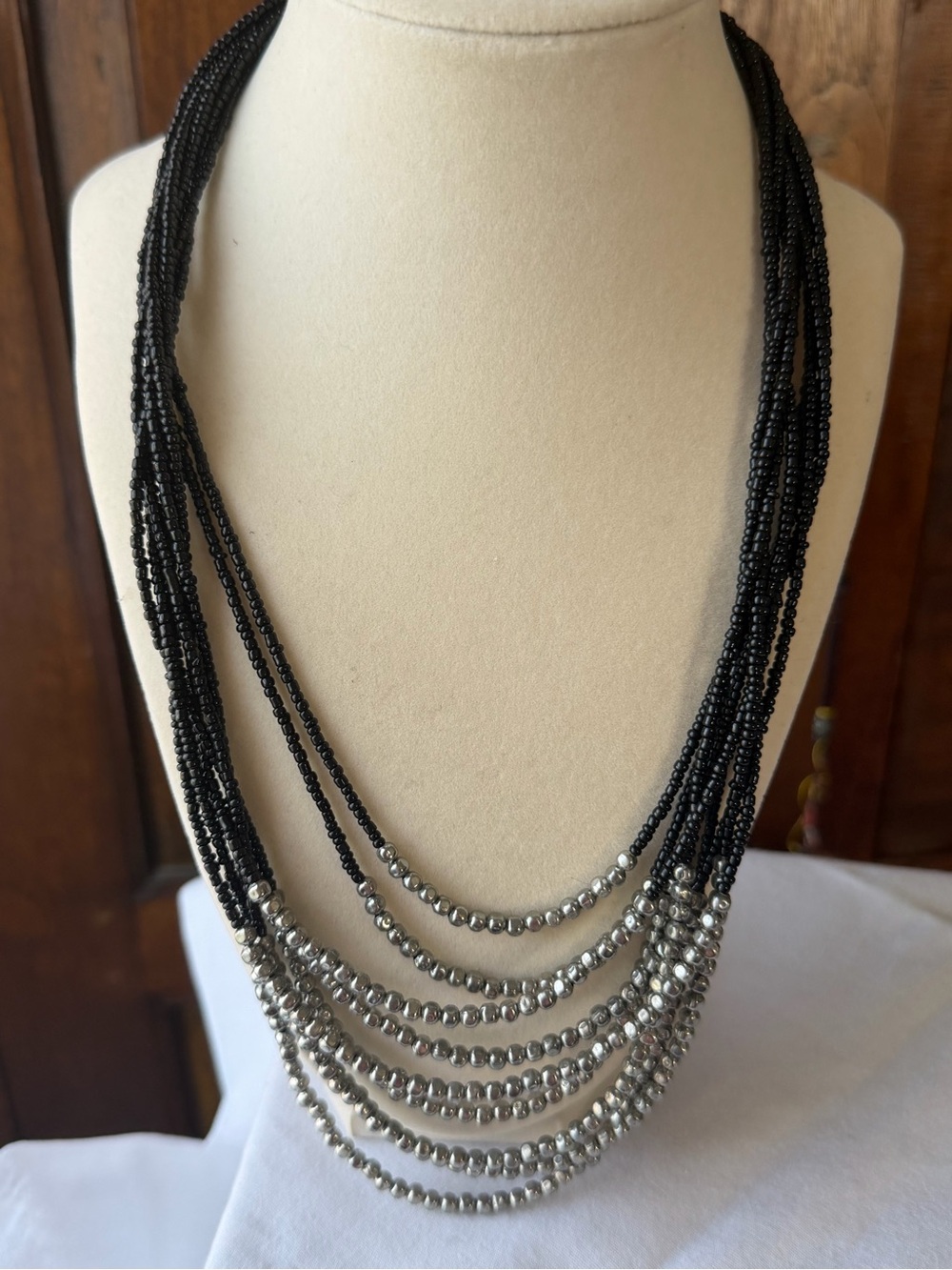 Black Silver Multi Strand Seed Bead Statement Necklace Layered Bib Adjustable
